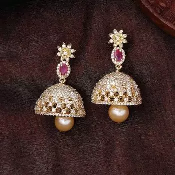 Estele Gold Plated CZ Designer Jaliwala Jhumka Earrings with Pearl & Ruby Crystals for Women