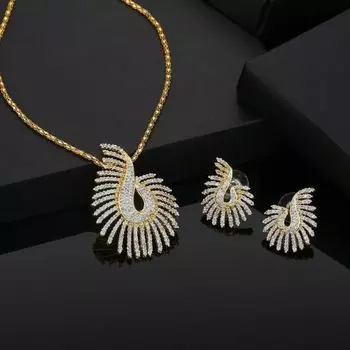 Estele GOLD plated CZ Designer Pendant Necklace Set with Chain & Earrings for Women