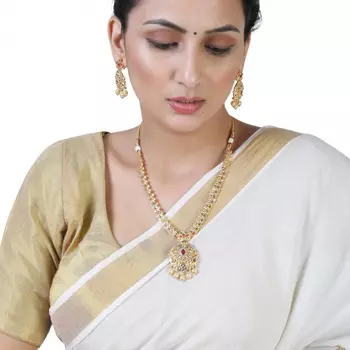 Estele Gold Plated CZ Ethnic Style Bridal Long Necklace set with Pearls & Colored Stones for Women