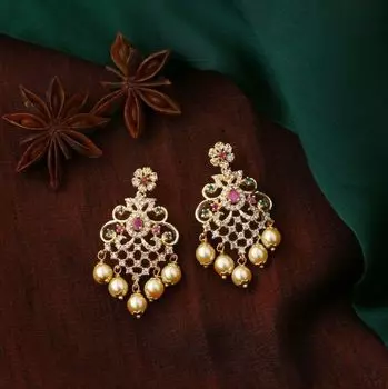 Estele Gold Plated CZ Manbhavan Earrings with Pearl & Multi Color Crystals for Women