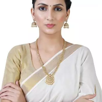 Estele Gold plated CZ Peacock inspired Bridal long Necklace set with color stones & pearls for Women with jhumki