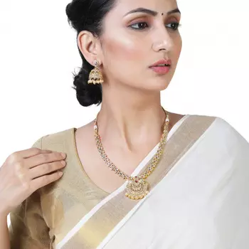 Estele Gold plated CZ Peacock inspired Bridal long Necklace set with color stones & pearls for Women