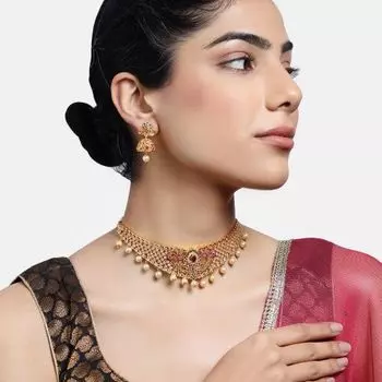 Estele Gold Plated CZ Ravishing Bridal Choker Necklace Set with Colored Stones & Pearls for Women