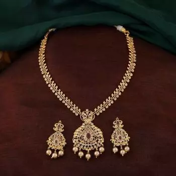 Estele Gold Plated CZ Ravishing Bridal Necklace set with Pearls & Colored Stones for Women