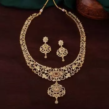 Estele Gold Plated CZ Stunning Filgari Bridal Necklace Set with Colored Stones & Pearl for Women