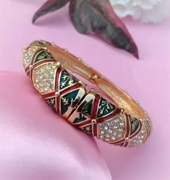Estele Gold Plated Diamond Pattern Green and Red Meenakari Cuff Bracelet