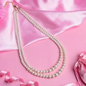 Estele Gold Plated- Double line White Pearl Necklace