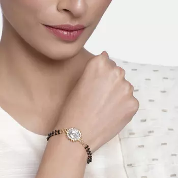 Estele Gold Plated Evil Eye with Black Beads Bracelet with Austrian Crystals & Kundan for Women