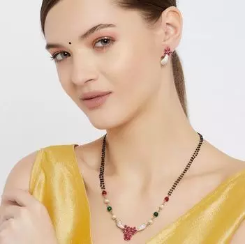 Estele Gold Plated Fancy Ruby and Austrian Crystals Flower Mangalsutra Necklace Set for Women set for women