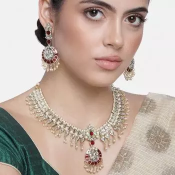 Estele Gold Plated Flexible Kundan Necklace Set with Enamel for Women