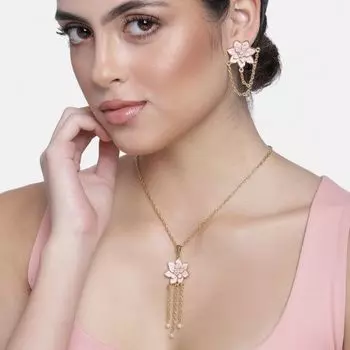 Estele Gold Plated Flower petal Rhinestone Pearls Drop Pendant set