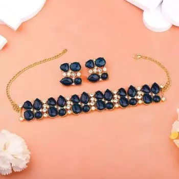 Estele Gold Plated Glamorous Necklace Set with Blue & White Stones for Women