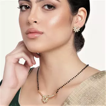 Estele Gold Plated Glowing Floret Textured Mangalsutra Necklace Set with Austrian Crystals for Women