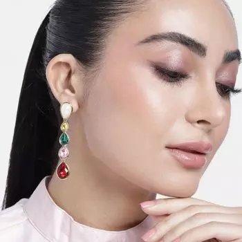 Estele Gold Plated Multicolour Gemstone Crystals Drop Earrings