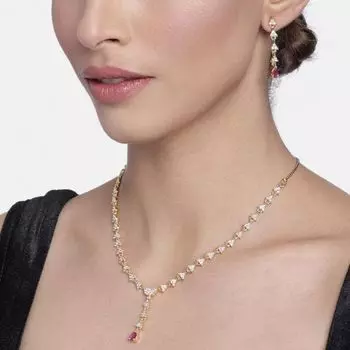 Estele Gold plated Necklace Set with Austrian Crystals and Red Stones for Women