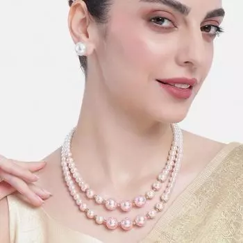 Estele Gold Plated Ravishing Double Line Pearl Necklace Set for Women