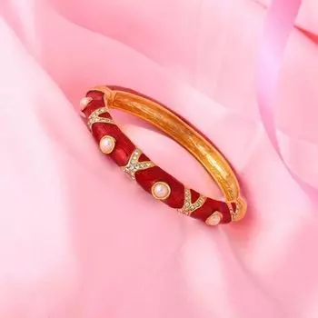Estele Gold Plated Red Enamel Pearl Studded Cuff Bracelet for women