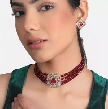 Estele Gold Plated- Ruby Diamond and red beads Choker Square Necklace Set