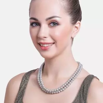 Estele Gold Plated Sparkling Grey Double Line Pearl Necklace for Women