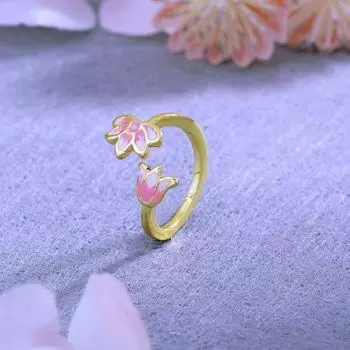 Estele Gold Plated Splendid Lotus Designer Adjustable Finger Ring with Pink Enamel for Girl's & Women