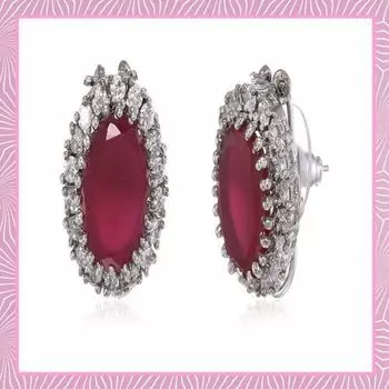 Estele Rhodium Plated American Diamond CZ Ruby Halo Stud Earrings for women