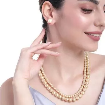 Estele Rhodium Plated Beautiful Double Line Pearl Necklace Set for Women