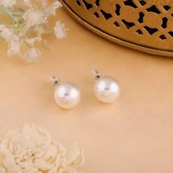 Estele Rhodium Plated Beautiful White Pearl Stud Earrings for Women