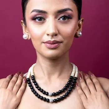 Estele Rhodium Plated Classic Double Line Pearl Necklace Set for Women