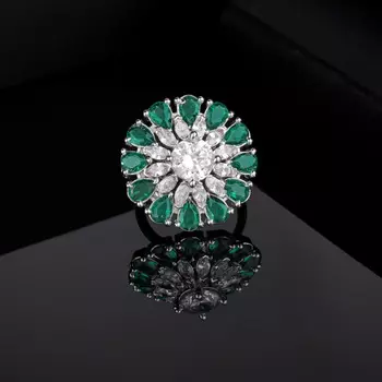 Estele Rhodium Plated CZ Adjustable Classic Flower Shaped Emerald/ Green Finger Ring for Women