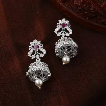 Estele Rhodium Plated CZ Arcadia Jhumki Earrings with Pearl & Ruby Crystals for Women