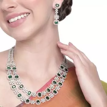 Estele Rhodium Plated CZ Astonishing Double Layered Necklace Set with Mint Green and White Crystals for Women