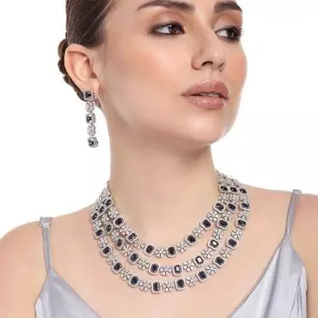 Estele Rhodium Plated CZ Astonishing Three Layered Necklace Set with Blue and White Crystals for Women