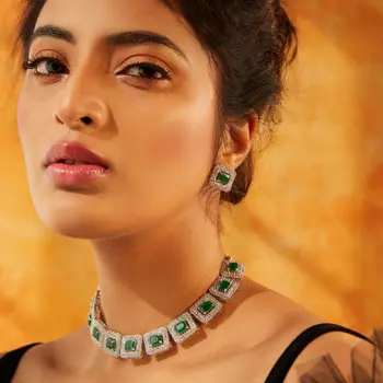 Estele Rhodium Plated CZ Beautiful Necklace Set with White & Green Crystals for Women