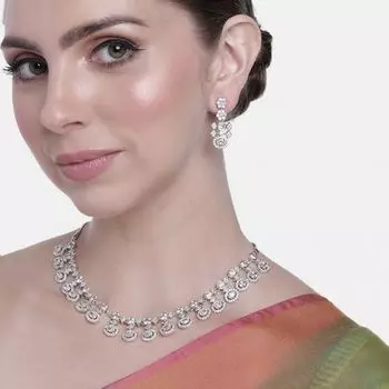 Estele Rhodium Plated CZ Bright In White Necklace Set for Women