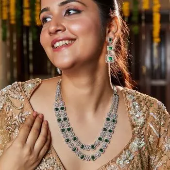 Estele Rhodium Plated CZ Dazzling Double Layered Designer Necklace Set with Green & White Crystals for Women