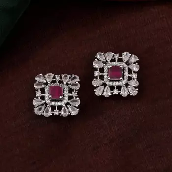 Estele Rhodium Plated CZ Dazzling Square Designer Earrings for Women