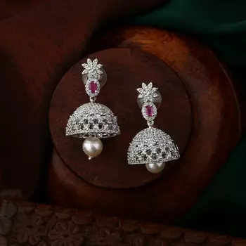 Estele Rhodium Plated CZ Designer Jaliwala Jhumka Earrings with Pearl & Ruby Crystals for Women
