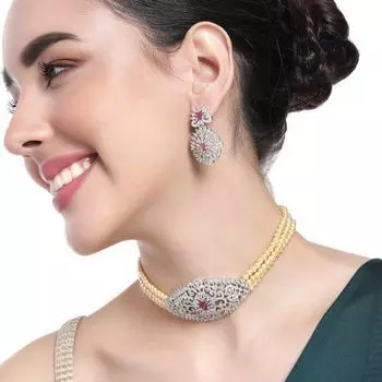 Estele Rhodium Plated CZ Enchanted Pearl Choker Necklace Set for Women