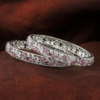 Estele Rhodium Plated CZ Fascinating Bangles with Multi-color Crystals for Women