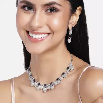 Estele Rhodium Plated CZ Fascinating Necklace Set with Blue Crystals for Women