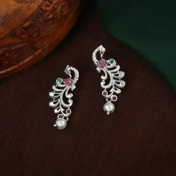 Estele Rhodium Plated CZ Fascinating Peacock Designer Earrings for Women