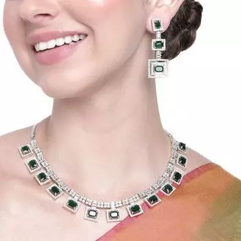 Estele Rhodium Plated CZ Geometric Designer Necklace Set with Emerald Crystals for Women