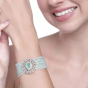 Estele Rhodium Plated CZ Gorgeous Multi-Layered Bracelet with Mint Green Stones for Women