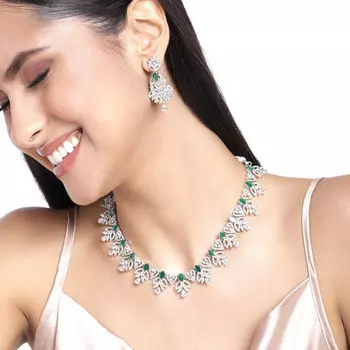 Estele Rhodium Plated CZ Green Glory Designer Necklace Set with Green Colored Stones for Women
