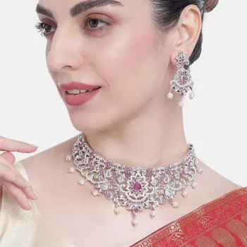Estele Rhodium Plated CZ Magnificent Bridal Necklace Set with Red Stones & Pearls for Women
