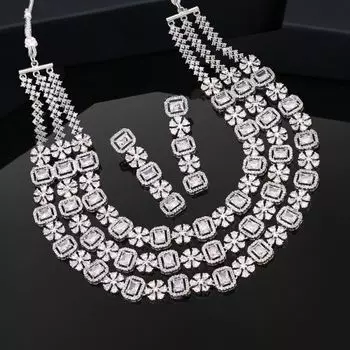 Estele Rhodium Plated CZ Magnificent Designer Three Layered Necklace Set with White Crystals for Women