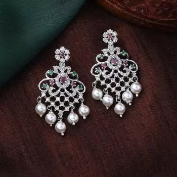 Estele Rhodium Plated CZ Manbhavan Earrings with Pearl & Multi Color Crystals for Women