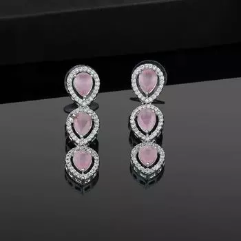 Estele Rhodium Plated CZ Precious Pears Earrings with Mint Pink Stones for Women