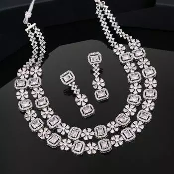 Estele Rhodium Plated CZ Ravishing Designer Double Layered Necklace Set with White Crystals for Women