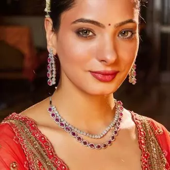 Estele Rhodium Plated CZ Scintillating Necklace Set with Ruby & White Stones for Girls & Women's